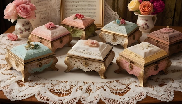 scatole di musica d'antiquariato disposte su un tavolo rivestito di pizzo in un salone vintage
