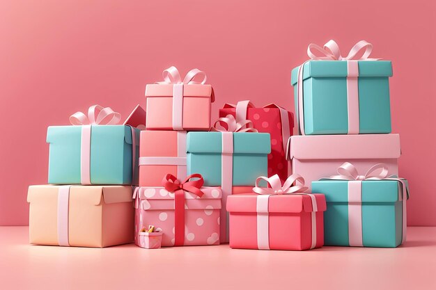 Scatole di regali illustrate in stile minimal su sfondo rosa