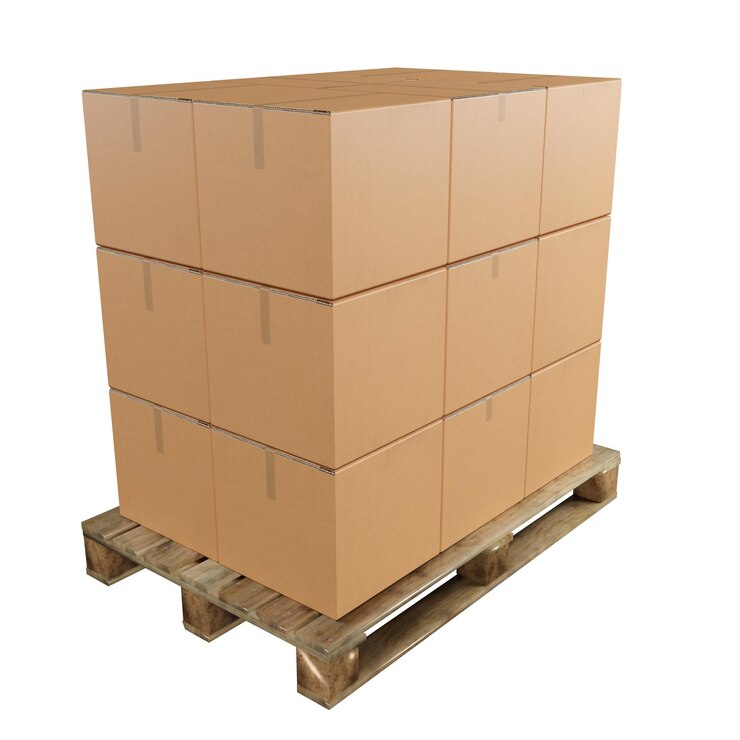 Scatole impilate su pallet e rendering 3D su sfondo bianco