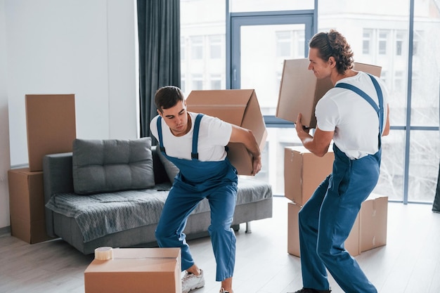 Scatole pesanti Due giovani traslocatori in uniforme blu che lavorano all'interno della stanza