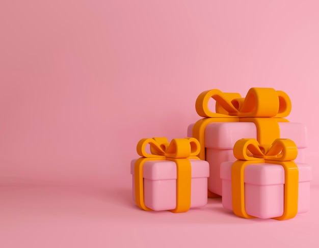 Scatole regalo 3d colore rosa e fiocco giallo su sfondo rosa Buon compleanno Anniversario Natale