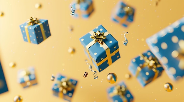 Scatole regalo blu celebrate in 3D che volano in aria su uno sfondo giallo chiaro