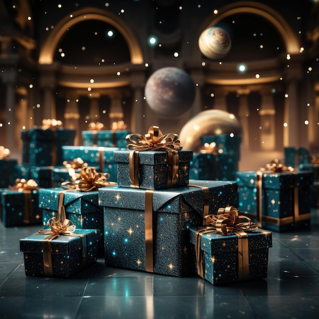 Scatole regalo blu con fiocchi dorati sullo sfondo dei pianeti Spazio natalizio IA generativa
