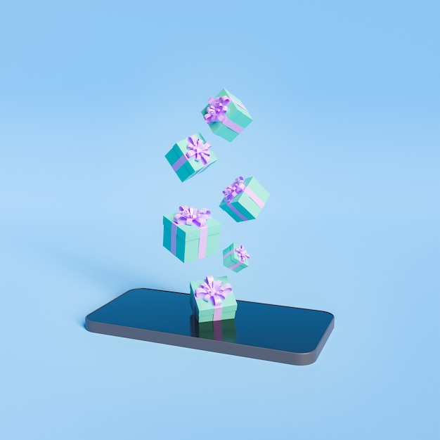 Scatole regalo che cadono su un telefono cellulare. concetto minimo di shopping online. rendering 3d