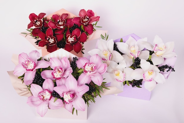 Scatole regalo con cymbidium orchidea bianca, bordeaux e rosa su fondo bianco