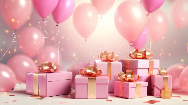 Scatole regalo con fiocchi e palloncini sullo sfondo dello studio, anniversario di compleanno o regalo di San Valentino