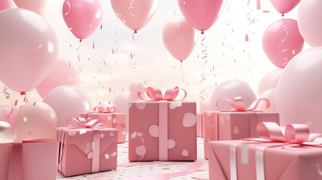 Scatole regalo con fiocchi e palloncini sullo sfondo dello studio, anniversario di compleanno o regalo di San Valentino