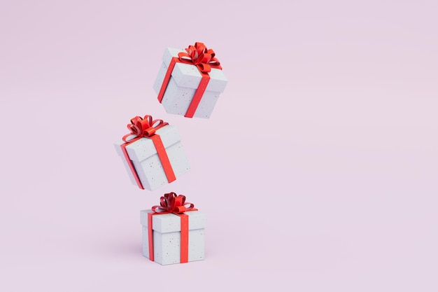 Scatole regalo con fiocchi rossi su sfondo pastello copia incolla copia spazio rendering 3D