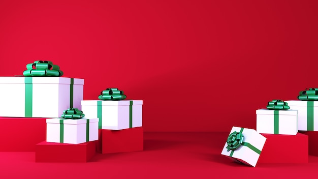 scatole regalo con fiocco di nastro verde sul rosso. Rendering 3D