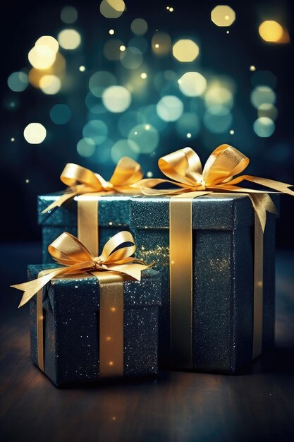 Scatole regalo con fiocco dorato su sfondo bokeh Concetto di Natale