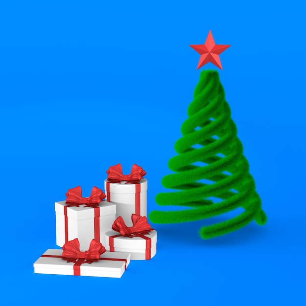 Scatole regalo con fiocco rosso e albero di natale. Rendering 3D isolato