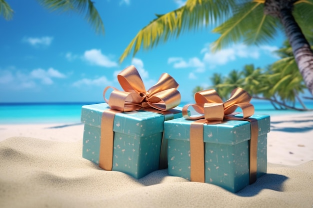 scatole regalo con fiocco sulla sabbia sullo sfondo del mare e delle palme