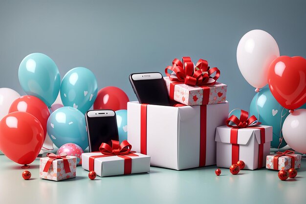 Scatole regalo con palloncini a forma di cuore e schermo vuoto del cellulare