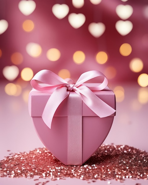 Scatole regalo di cartone rosa legate con nastro di raso e a forma di cuore sullo sfondo bokeh e spazio di copia