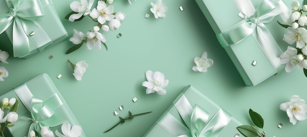 Scatole regalo di colore menta con fiori bianchi perfette per occasioni speciali