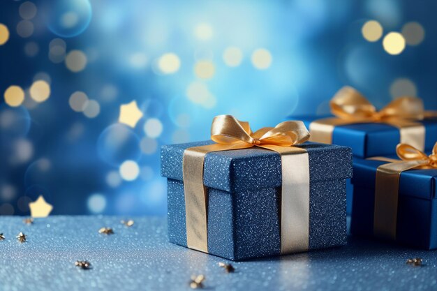 Scatole regalo di Natale blu con un fiocco dorato su sfondo blu