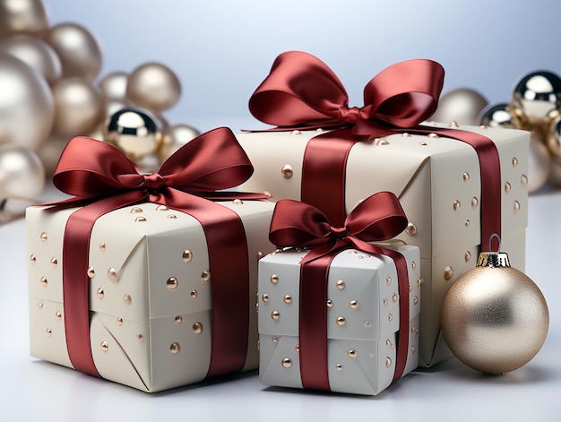 scatole regalo di Natale con un nastro rosso e un fiocco dorato.