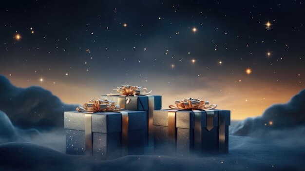 Scatole regalo di Natale e Capodanno sfondo cosmico celeste di vacanza spazio di copia AI Contenuto generativo