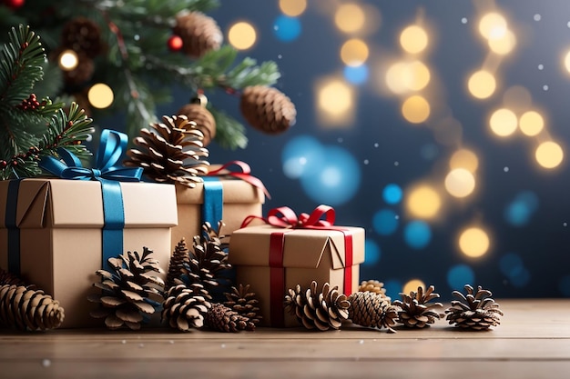 scatole regalo di Natale e Capodanno sullo sfondo e coni di pino e rami sullo sfondo di ghirlande bokeh