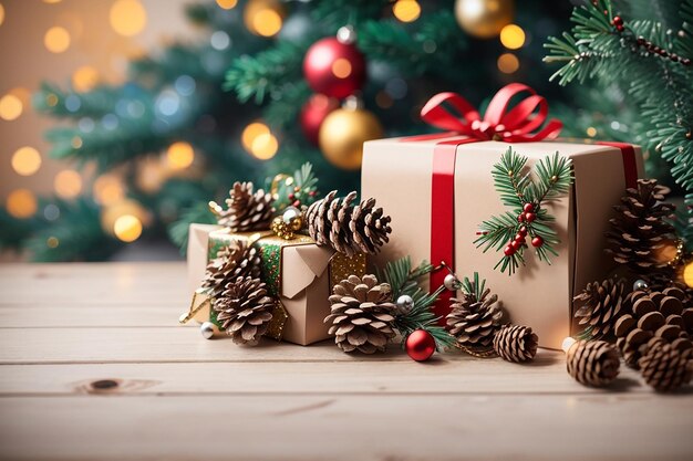 scatole regalo di Natale e Capodanno sullo sfondo e coni di pino e rami sullo sfondo di ghirlande bokeh