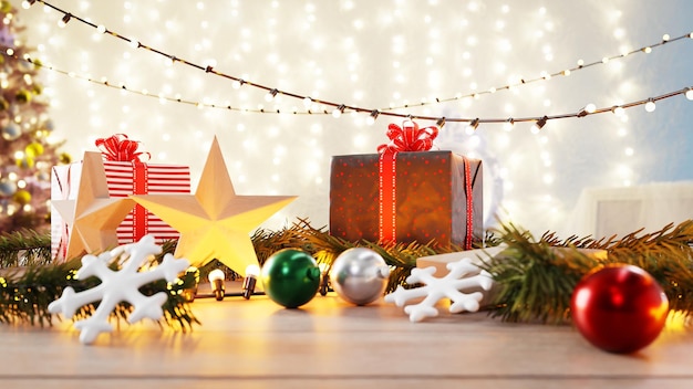 Scatole regalo di Natale e decorazioni varie rendering 3d