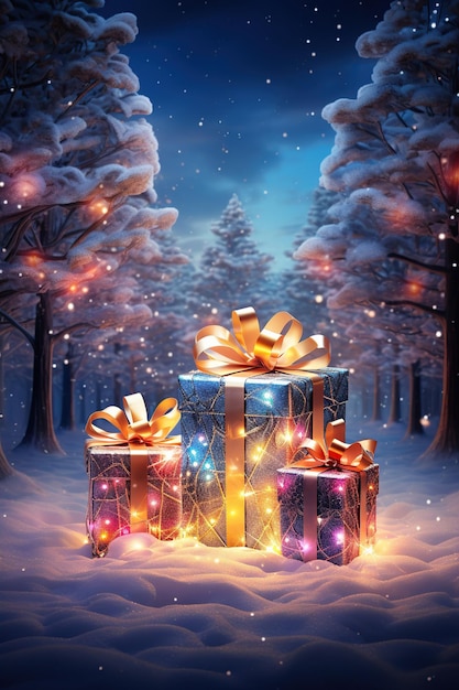 Scatole regalo di Natale illuminate sullo sfondo all'aperto della neve invernale Buon Natale
