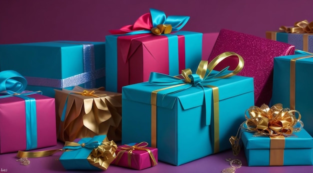 scatole regalo e decorazioni su sfondo astratto vendite regali sfondo regali colorati carta da parati