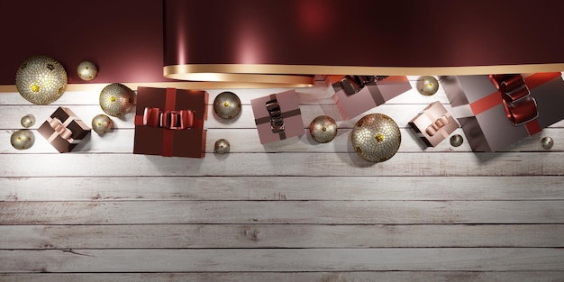 Scatole regalo e palline di Capodanno su sfondo di legno Sfondo del modello per Capodanno e Natale