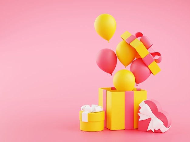 Scatole regalo e palloncini - 3d illustrazione di pacchetti regalo di compleanno aperti con nastri e palloncini volanti su sfondo rosa con spazio di copia. Scatole decorate avvolte per congratulazioni per l'anniversario.
