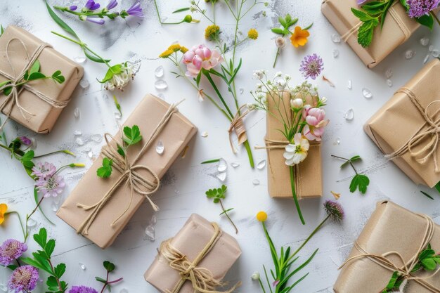 Scatole regalo ecologiche e fiori su tavolo bianco