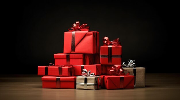 Scatole regalo eleganti assortite di varie dimensioni accatastate su uno sfondo scuro che riflettono la stagione delle vacanze Generosità concetto di vendita regalo e concetto di ricompensa