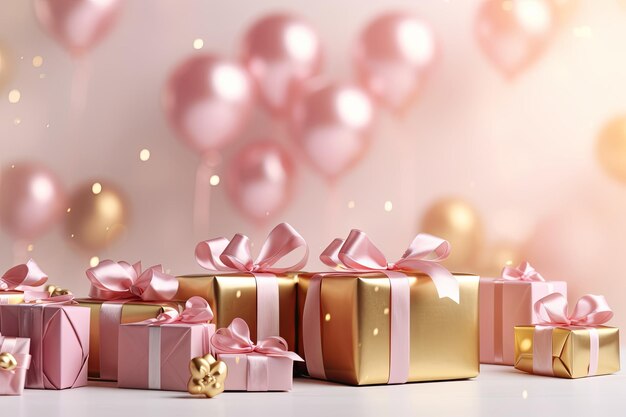 scatole regalo festive con palloncini rosa e oro con spazio per il testo concetto di vendita delle vacanze