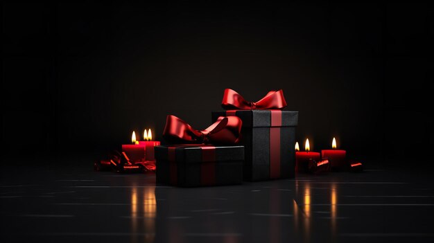 Scatole regalo in nero con nastri Giftbox in 3D realistico isolato su sfondo nero Ai generativa