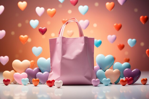 Scatole regalo, nastro, arco, cuori colorati, borsa della spesa, pacchetto avvolto, regalo di compleanno, sorpresa di San Valentino.