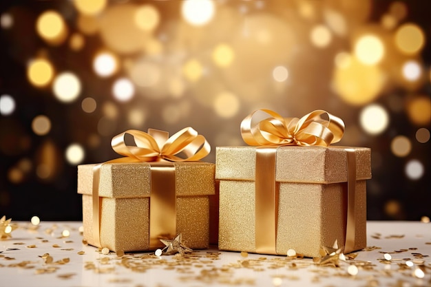 Scatole regalo natalizie dorate con nastro e decorazione Biglietto di auguri di Natale IA generativa