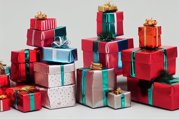 Scatole regalo natalizie in cartone impilate in confezione su sfondo chiaro