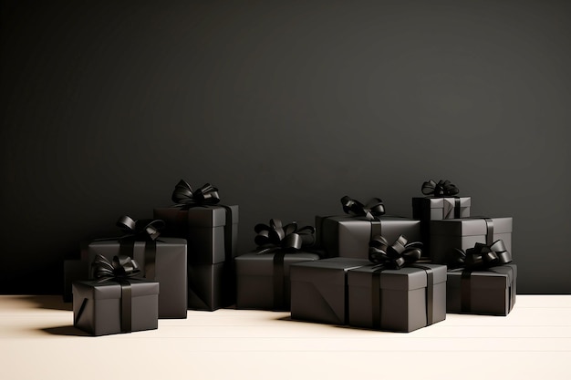 Scatole regalo nere con nastri neri su un tavolo bianco rendering 3D