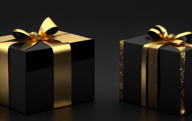 scatole regalo nere con nastro d'oro su sfondo nero rendering 3d