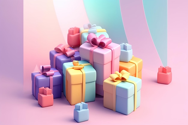 Scatole regalo per Natale, Capodanno o compleanno Sfondo 3D di colori pastello sfumati Colori caramelle carini per flayer di eventi di vendita cartoline di auguri lettere e-mail promozionali Contenuti generativi AI