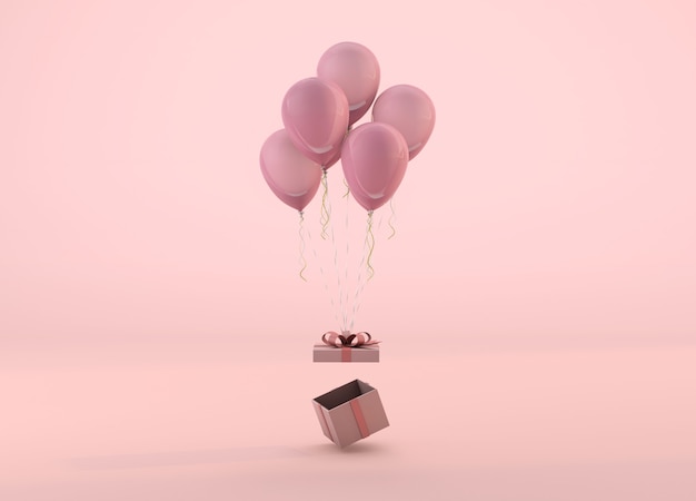 Scatole regalo rosa e palloncini. Rendering 3D concetto di compleanno