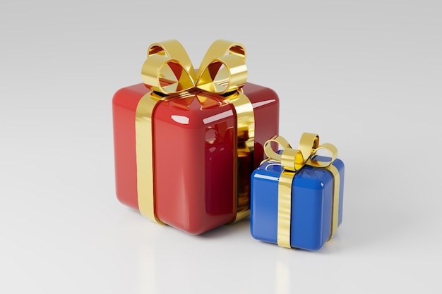 Scatole regalo rosse e blu di Natale con il rendering 3d di nastri d'oro