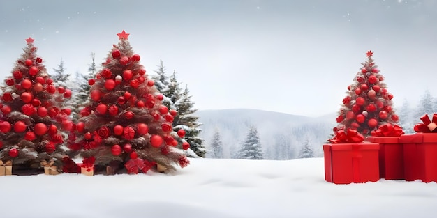 Scatole regalo rosse nella neve contro la foresta di abeti nel paesaggio innevato con abeti