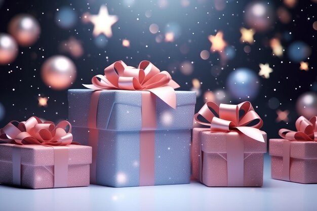 Scatole regalo su sfondo bokeh rendering 3D sfondo natalizio con decorazione di regali natalizi AI Generato