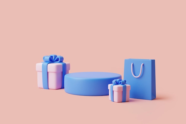 Scatole regalo sul podio e borsa per la spesa su sfondo rosa pastello Decorazione natalizia rendering 3D