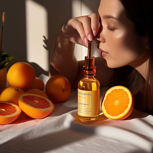 Scatta una foto di una donna che usa il siero alla vitamina C come parte della sua routine mattutina con lo stile dell'immagine