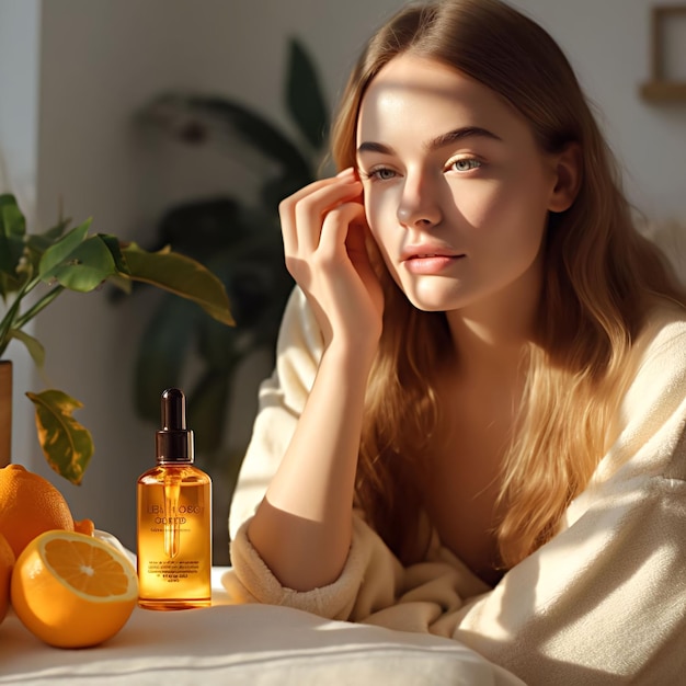 Scatta una foto di una donna che usa il siero alla vitamina C come parte della sua routine mattutina con lo stile dell'immagine