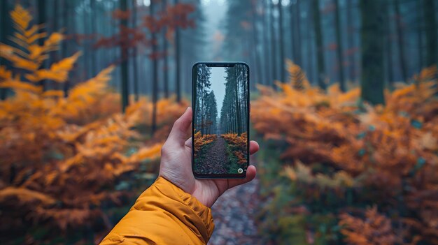 Scattare una foto di una foresta autunnale con uno smartphone Il concetto della stagione autunnale