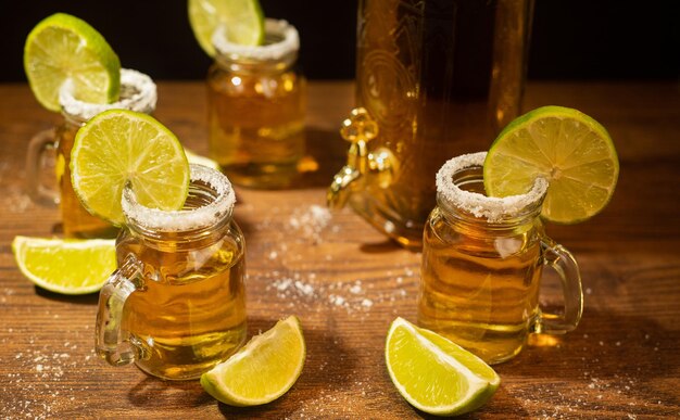 Scatti di tequila serviti in barattoli con sale e lime su un tavolo di legno