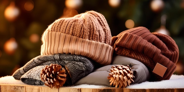 scatti in perdita di comodi cappelli e sciarpe concetto di accessori invernali