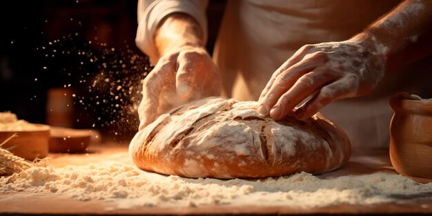 Scatti ravvicinati delle mani di un panettiere che impastano abilmente l'impasto dando forma al pane AI generativa